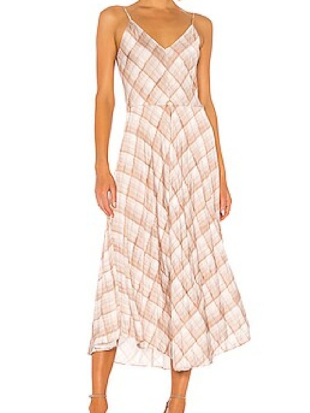 XS Vince Hazy Plaid Cami Midi Slip Dress Sun Taupe Tan Cream Beige Lightweight